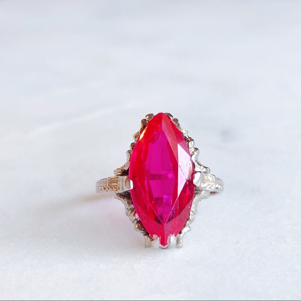 Antique 1910s 14K White Gold and Giant Ruby Ring